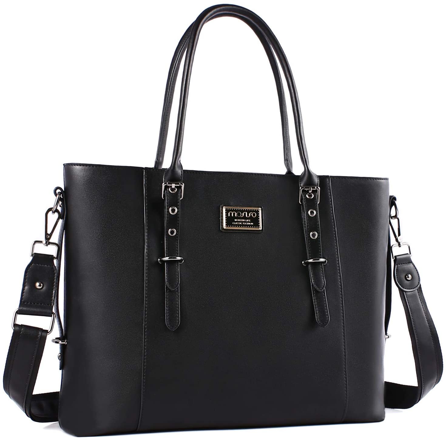 MOSISO FauxLeather 15.6" Chic Black Laptop Tote Bag 